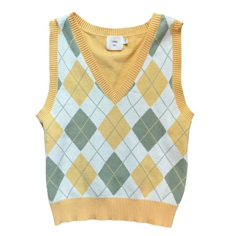 Luna Ivy Pastel Argyle Sweater Vest - Yellow & Sage Green - Size Small Preppy - Picture 2 of 7